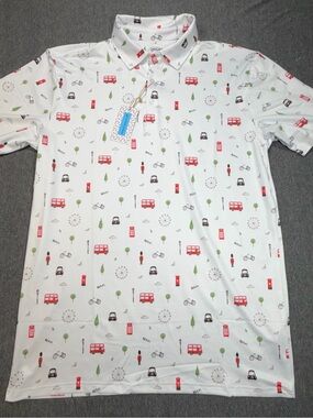 Proud Ninety Men’s L Golf Polo Shirt Performance London Pattern White Athletic